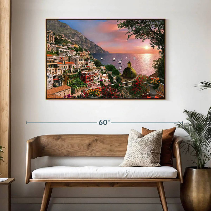 Bord de mer Positano, 46 po x 31 po, Cadre flottant doré