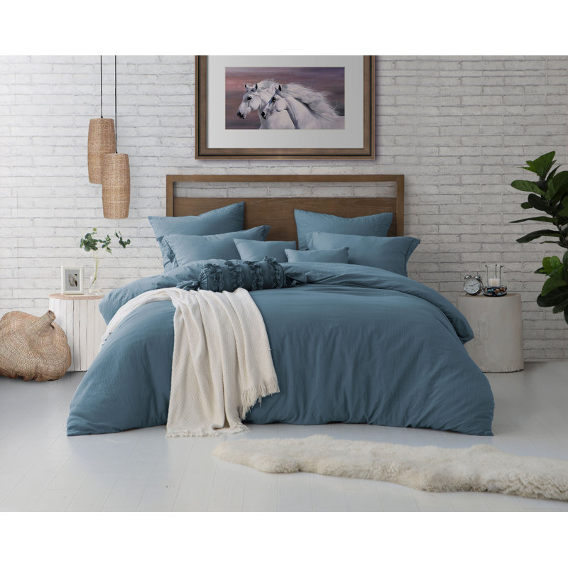 Super Soft Crinkle Washed Microfiber Duvet Cover Set, Full/Queen Duvet Cover + 2 Pillowcases, Blue Dusk