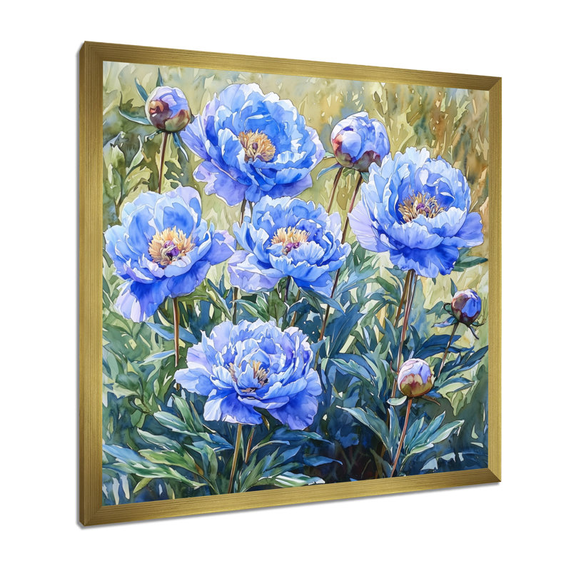 Pivoines bleues et vertes - art mural pivoines, H 16 po x l 16 po, Avec cadre, Doré