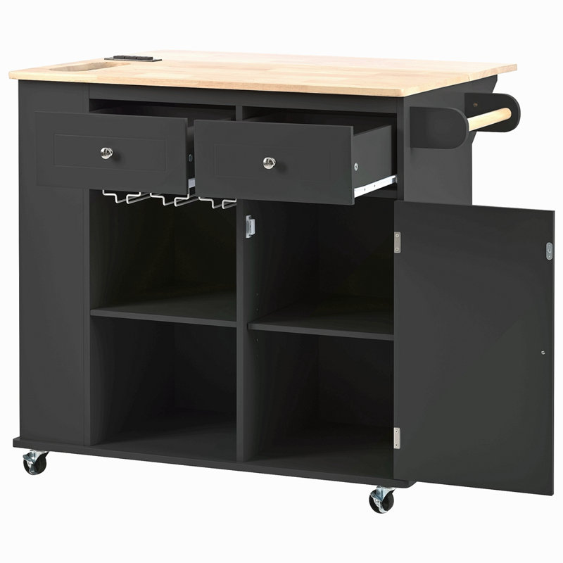 Îlot de cuisine avec prise de courant, îlot de rangement avec abattant et bois d'hévéa, rangement ouvert et support à vin, 5 roulettes, avec rangement réglable pour la maison, la cuisine et la salle à manger