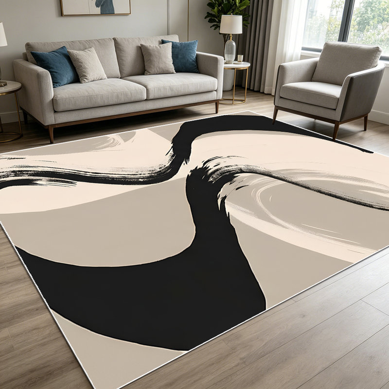 1PC Abstract Neutral Black Brushstroke Wave area rugs for Living Room, Soft and Comfortable, Suitable for all seasons, easy-to-maintain, machine washable Indoor floor mat, Under Table Farmhouse suitable for dining table, bedroom, entryway, home