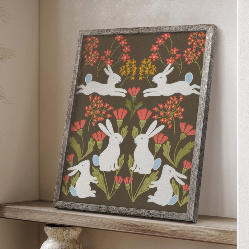 «Folk Flower and Rabbit II», reproduction encadrée - bois massif, H 11 po x l 9 po