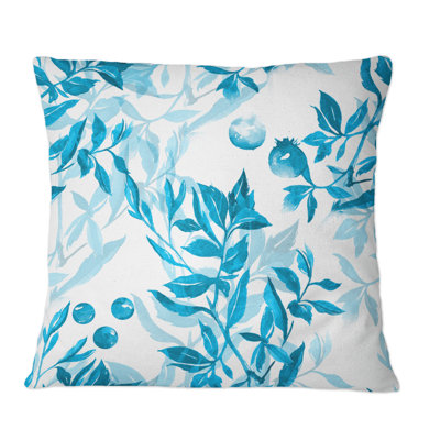 Turquoise Leaves And Berries On White - Patterned Printed Throw Pillow