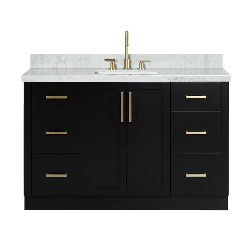 Meuble-lavabo rectangulaire simple de 55 pouces avec comptoir en marbre blanc de Carrare de 1,5 pouce d'épaisseur, finition noire.