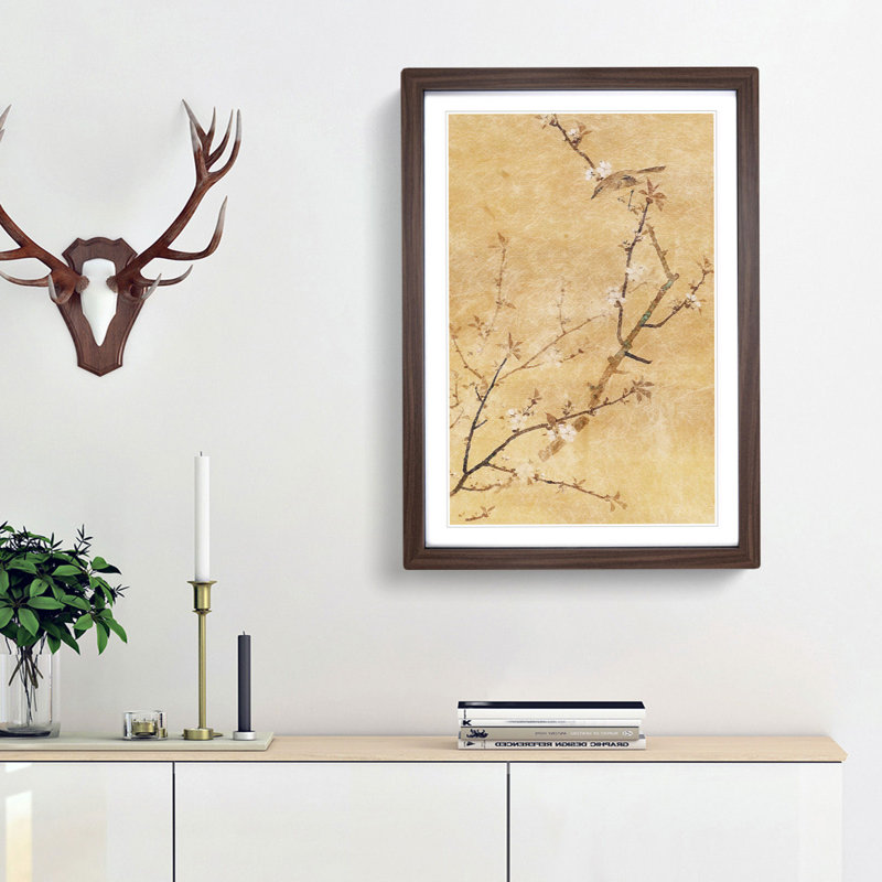 Bird on Cherry Blossoms by Maruyama Okyo - Picture Frame Painting Print, Walnut Framed, 36cm H x 27cm W x 2cm D