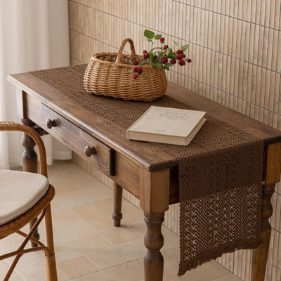 Fall Boho Macrame Brown Table Runner – Woven Burlap Rustic Bohemian Table Décor