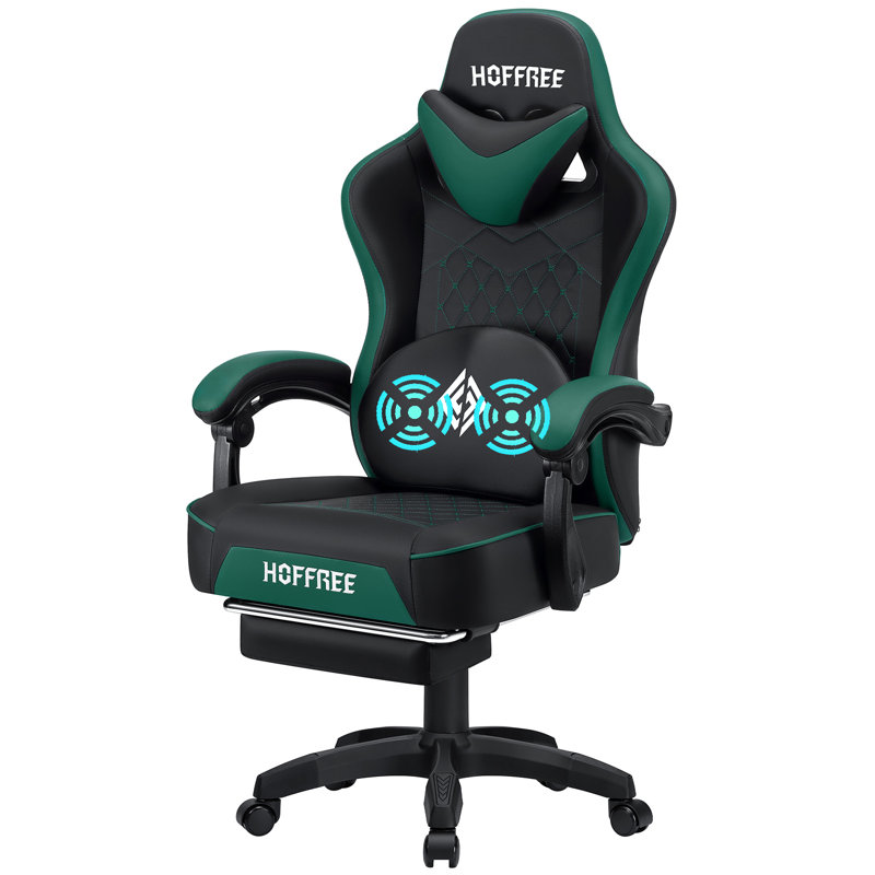 Ivy Bronx Adjustable Reclining Ergonomic Faux Leather PC & Racing Game Chair with Vibration Lumbar Pillow, Green/Black