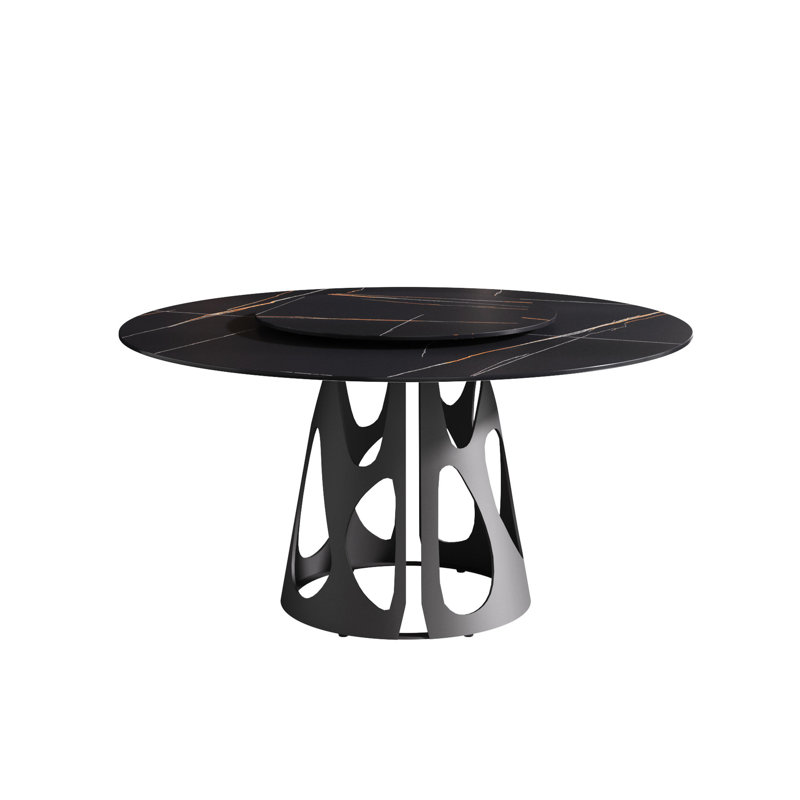 Table ronde moderne noire, surface en pierre frittée de 59,99 po pour 6 à 8 personnes, base en fer, disque rotatif de 31,5 po, plateau de salle à manger design, plateau tournant de base, pour chauffer et décolorer