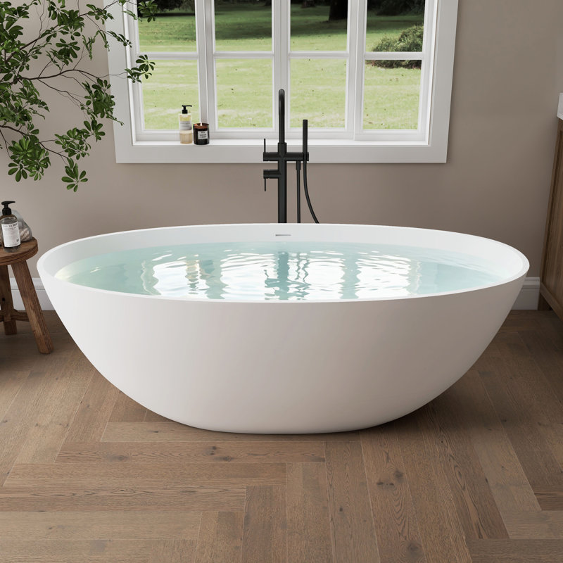 Forma 65'' Freestanding Bathtub Solid Surface Stone Resin Soaking Tub, White