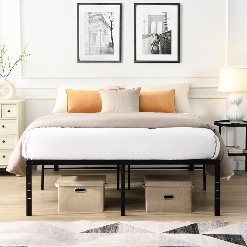 Queen Size Metal Bed Frame In Black, Quick & Effortless Assembly, No Noise During Sleep, 1000 - Pound Load, Reinforced Slats For Mattress Support, Under Space Organization, Holes On Legs Heavy Duty