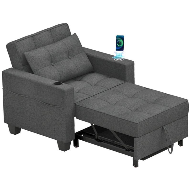 38" Wide Convertible Chair 3-In-1 Pull Out Sleeper Futon Chair Beds with Wireless Charging