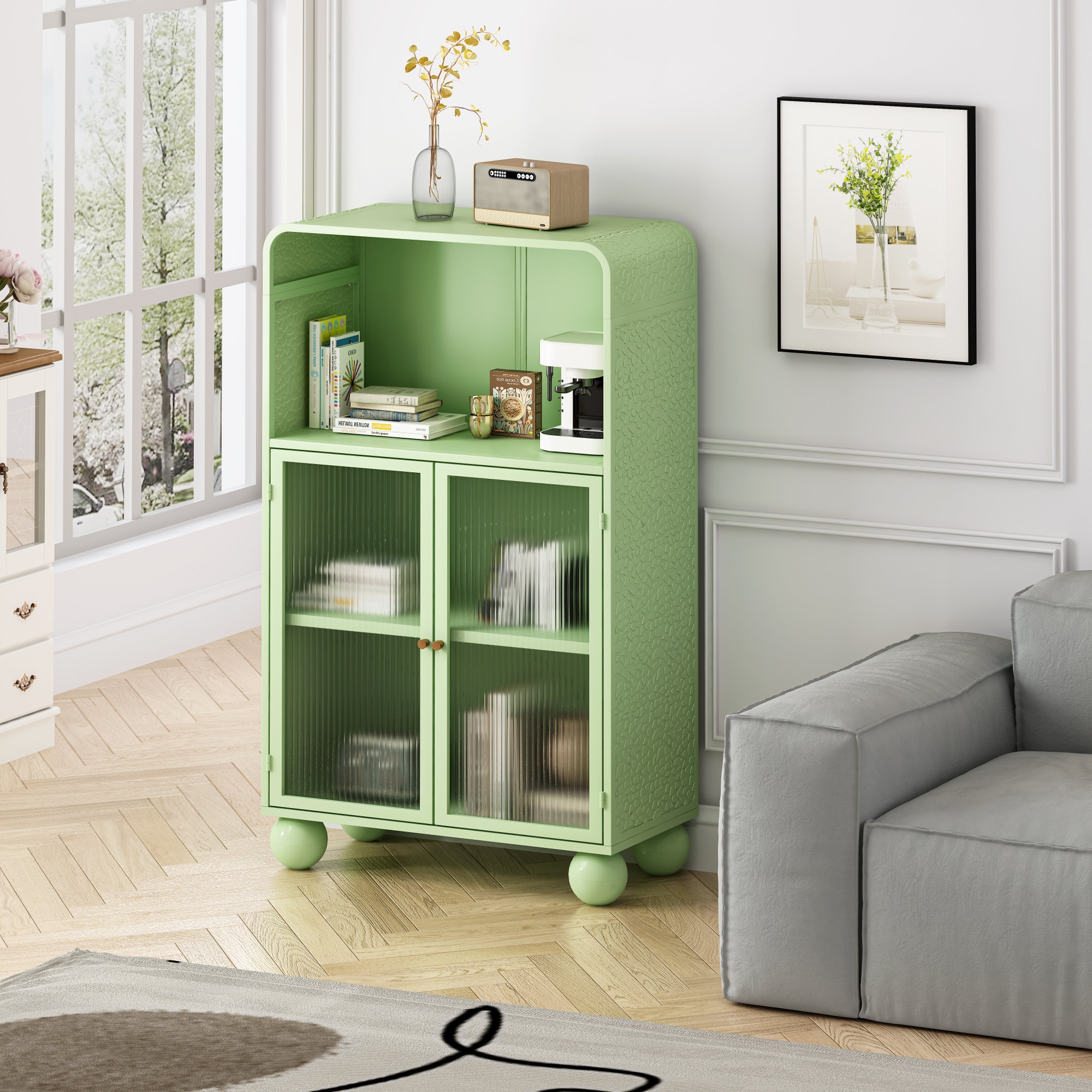 Hokku Designs '' H Green Storage Cabinet: Freestanding Bathroom Floor Cabinet With Glass Door ...