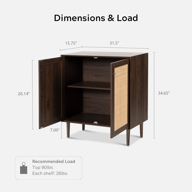 Armoire d'appoint 34,65 po en rotin 2 portes avec pieds en bois massif et tablettes réglables, Noyer, 2