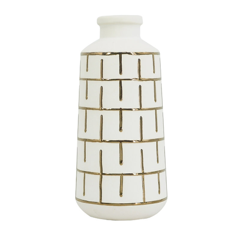 Round White Ceramic Vase with Gold Motif, 12" H x 5.5" W x 5.5" D