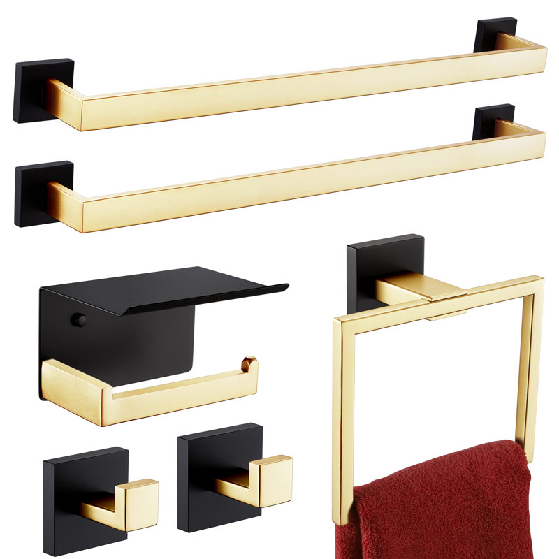 6 Piece Bathroom Hardware Set, Matte Black/Brushed Gold