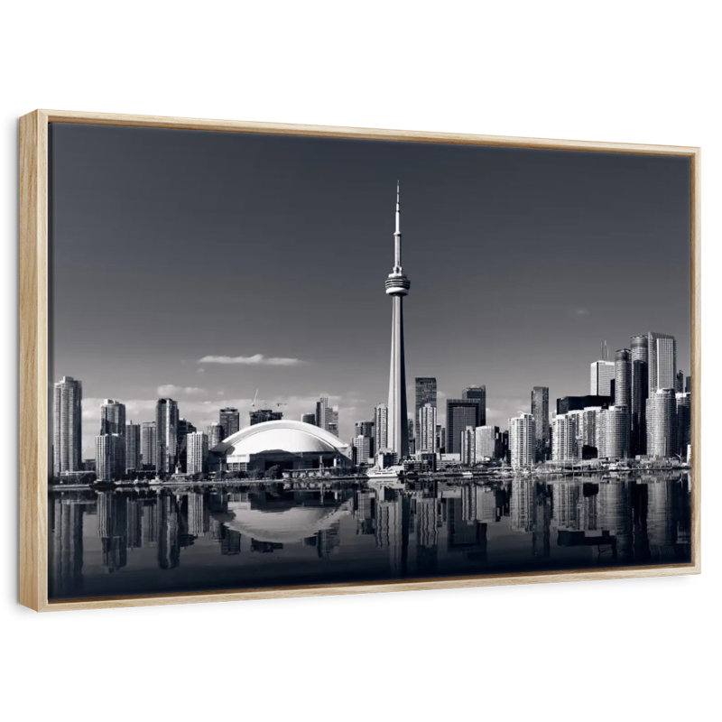 Horizon de Toronto monochrome, Cadre flottant en bois naturel, 46 po x 31 po