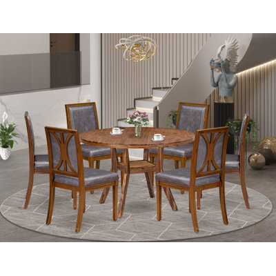 L'ensemble de salle à manger 7 pièces E31640CB2FF64AA49758B0D43CC04F9F comprend une table ronde et 6 chaises en cuir à dossier élégant, noyer antique