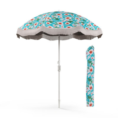 Goplus 6.5 Ft Outdoor Fringe Patio Umbrella With Carrying Bag Push Button Tilt For Garden Green