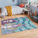 Tapis rectangulaire en polyester tissé à la machine en bleu / mauve / jaune