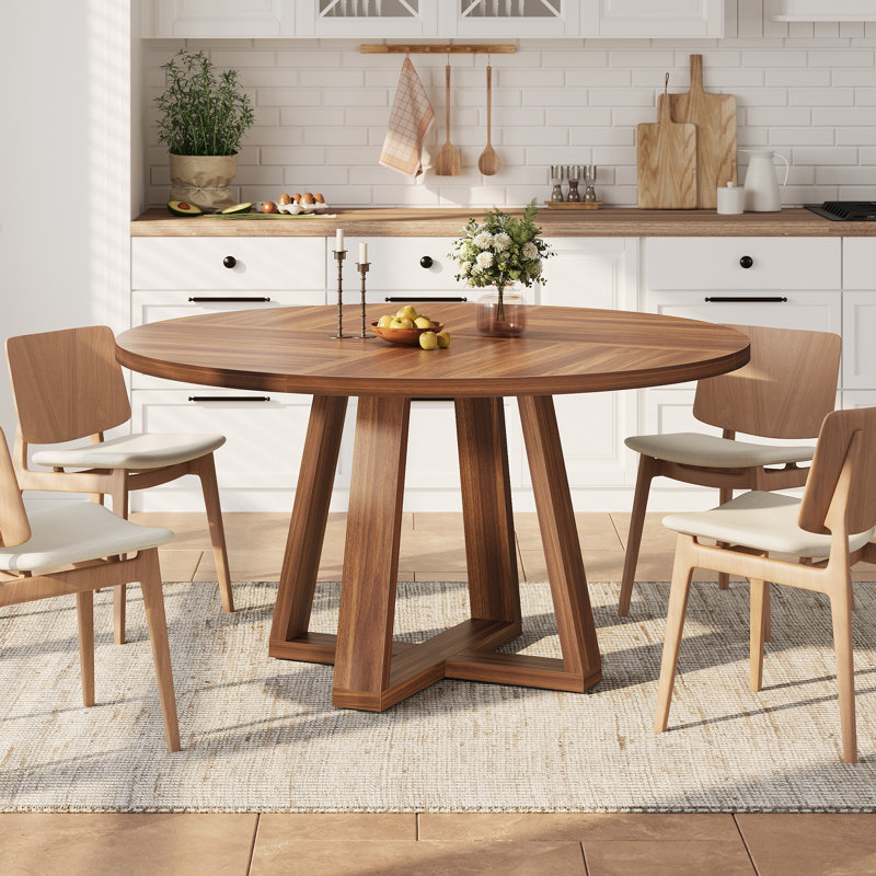 Table de salle à manger ronde de 47 pouces pour 4 à 6 personnes, table de cuisine ronde avec base robuste en forme de croix et patins réglables, table de salle à manger circulaire pour la salle à manger (table seulement), noyer
