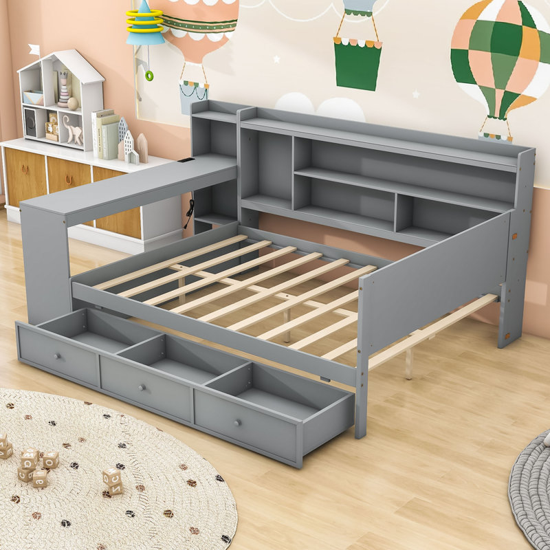 Lit de jour Assante avec bureau intégré et tiroirs de rangement intégrés, Gris, Double