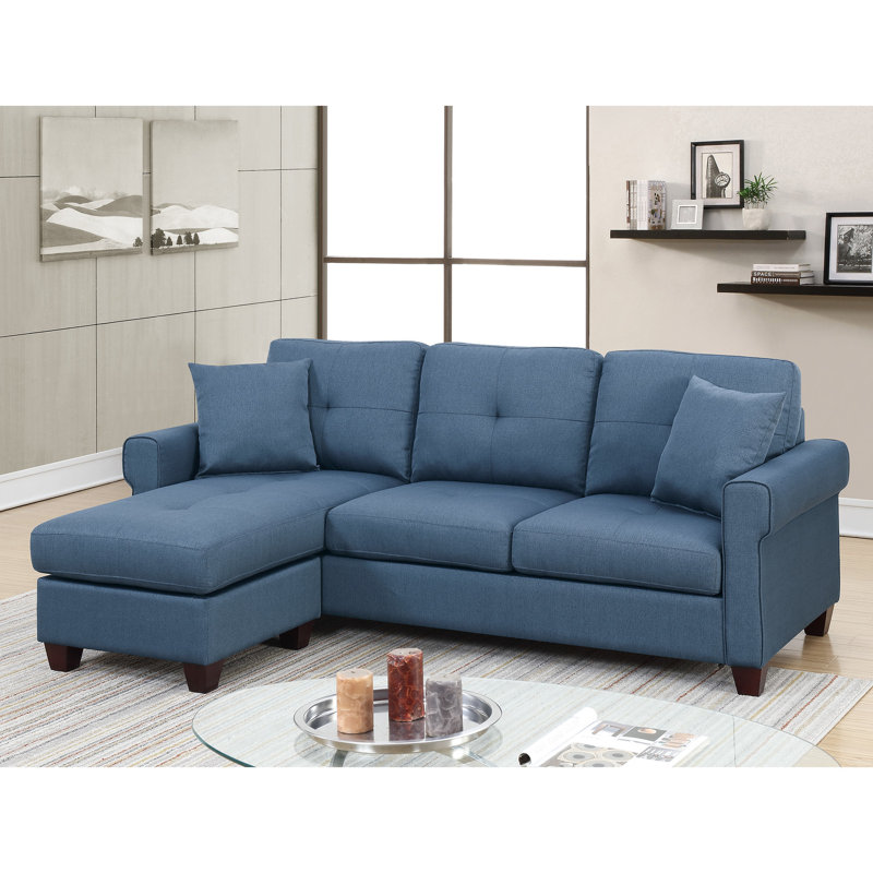 2 Canapé modulaire en lin bleu - tissu en polyfibre brillant et structure en bois massif pâle