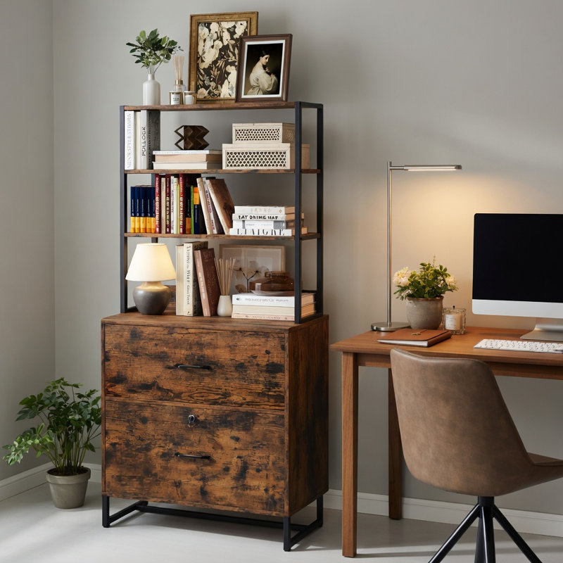  Classeur latéral de format lettre avec serrure, bibliothèque à 4 niveaux et structure en acier industriel, solution de rangement de bureau, brun rustique