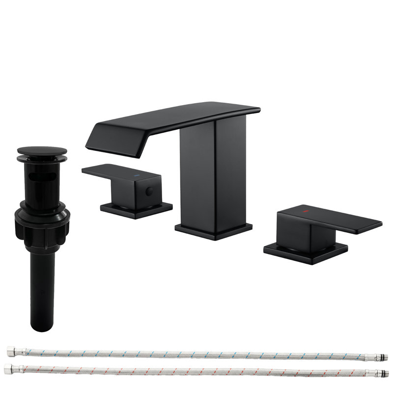 Waterfall 8 In. Widespread Double-Handle Bathroom Faucet Set 3-Holes Vanity Sink With Metal Drain, Matte Black
