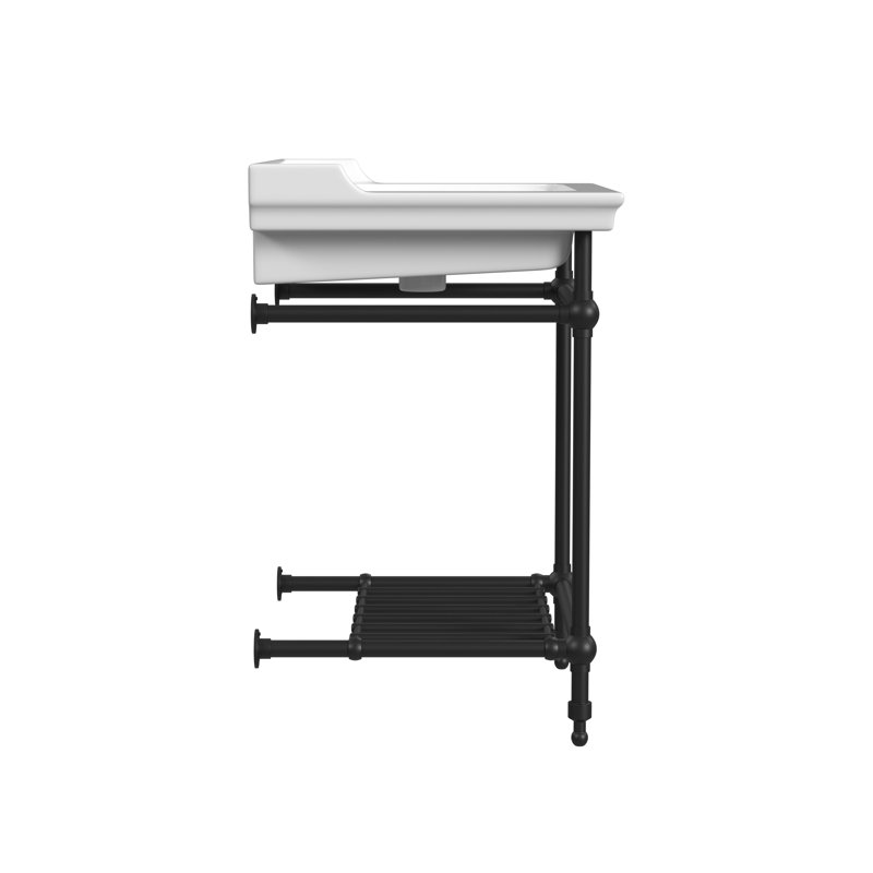 Gloss White Fireclay Rectangular Console Bathroom Sink with Overflow, 8" Centers, Matte Black