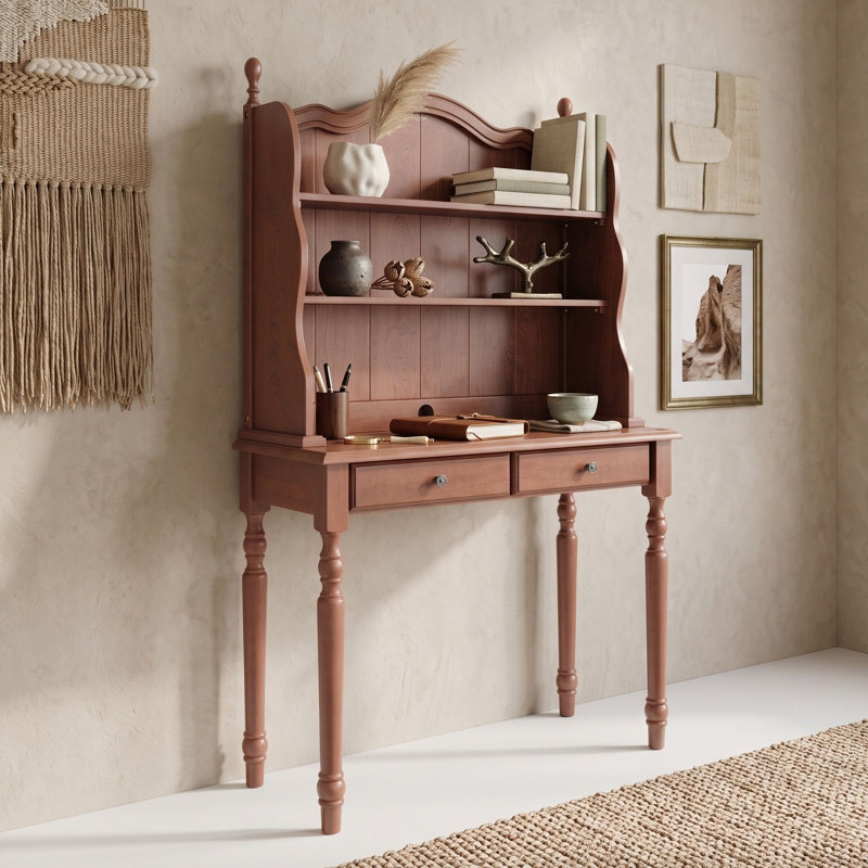 Bureau en bois avec huche, tiroirs de rangement et gestion des câbles, Noyer