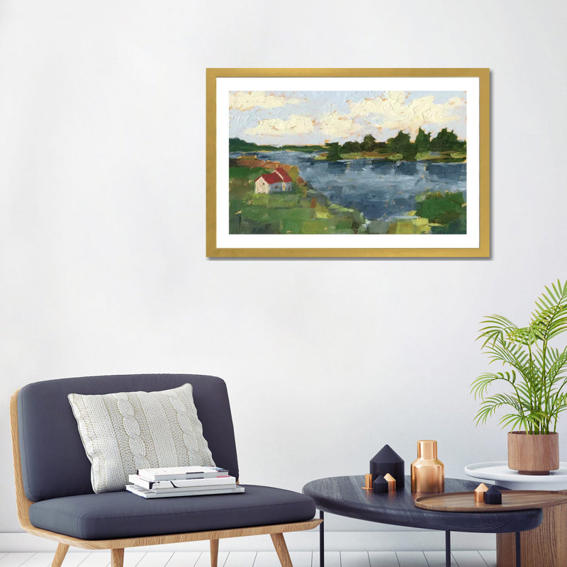 "Lakeside cottages I" par Ethan Harper, reproduction d’art, H 24 po x l 32 po x P 1 po, Papier encadré doré, Blanc