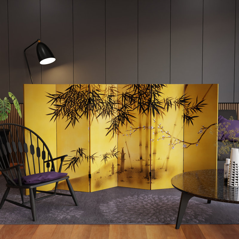 4 ft. Short Double Sided Canvas Folding Screen, Gold with Bamboo