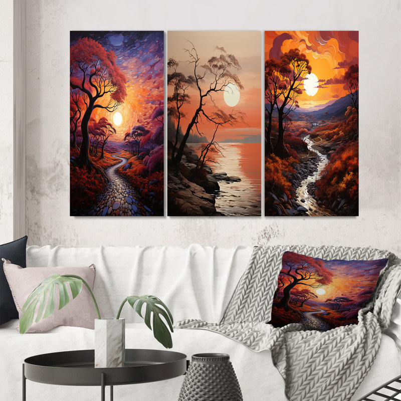 Coucher de soleil - Rêverie pointillisme - ensemble 3 pièces, Encadrement doré, H 40 po x l 60 po