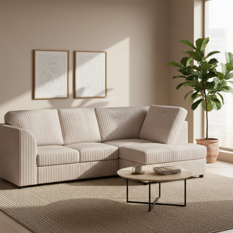 4 Seater Jumbo Cord Corner Sofa High Back Cushion including Foot Stool, Cream, Right Hand Facing