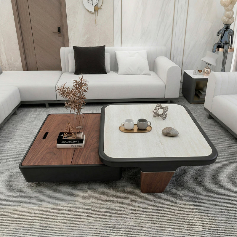 Table basse 31,5 "à 59" avec rangement, table centrale carrée moderne en bois avec plateau bicolore pour le salon