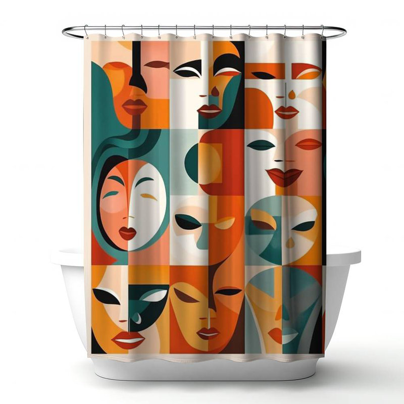 Cataleena – Polyester Shower Curtain, Dye Sublimation Print, 71" W × 74" L, Yellow/Green/Orange Geometric 8
