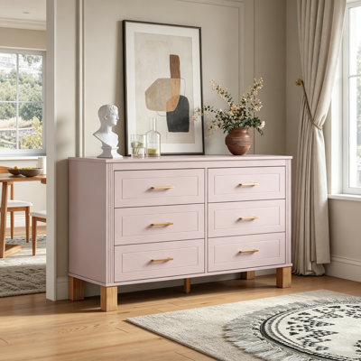 Commode double 6 tiroirs, armoire de rangement moderne avec poignées en métal et pieds en bois massif, organisateur robuste pour chambre d'enfant