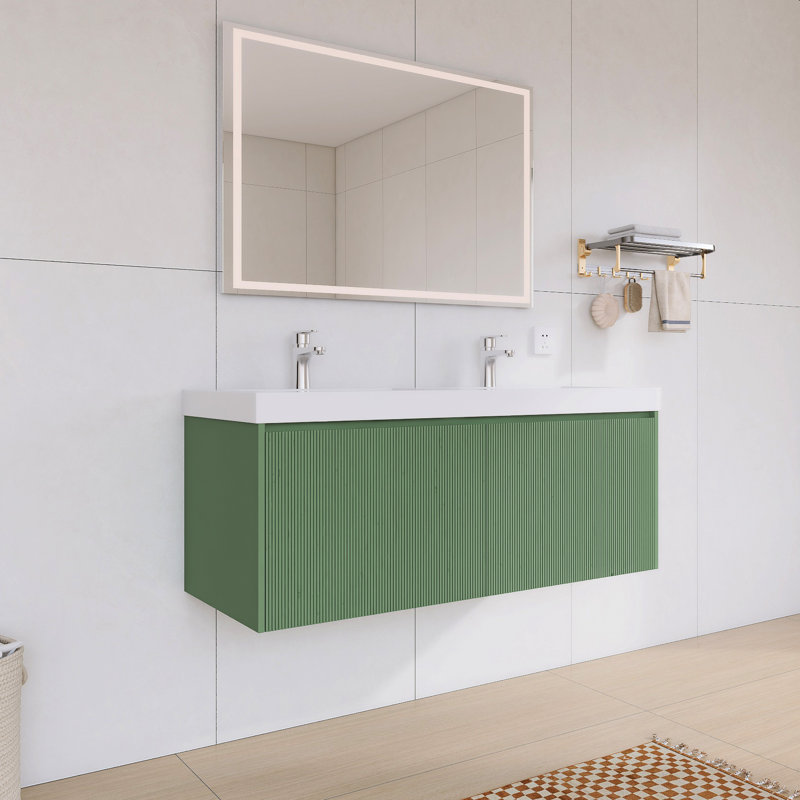 Meuble-lavabo flottant 48 po avec comptoir en acrylique 48 po | Armoire en bois cannelée, Vert, 48"