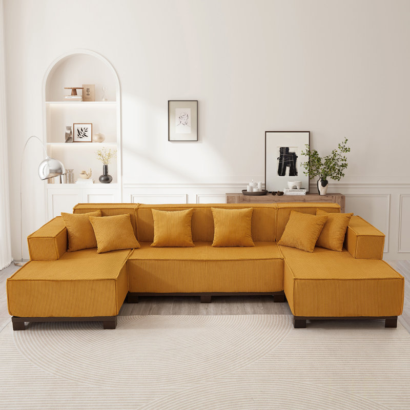 Modern U-Shaped Sectional Sofa 130" Sectional Sofa Upholstered Sofa with RGB LED Light Strip and 6 Pillows, Orange
