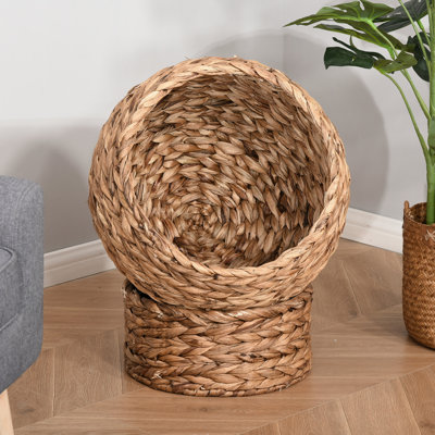Raised Cat Bed With Soft Cushioning, Rotating Basket, Indoor Enchanting Spot, 24" H, Brown Cushioned Elevated Bed, Rotatable Chill Area, 23.5"