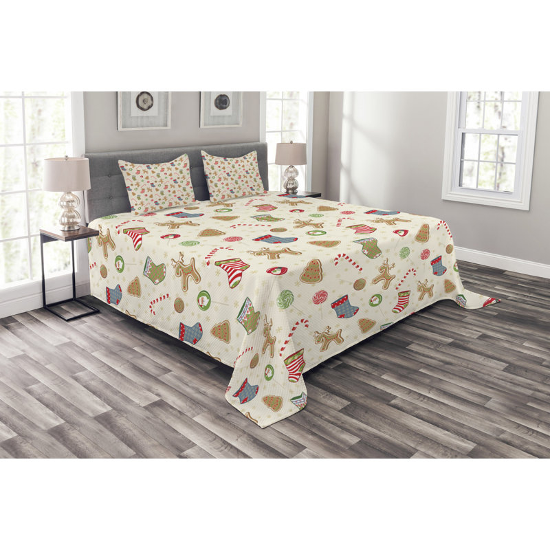 Aerion Beige/Red/Blue Microfibre Bedspread Set, 220 x 264 cm