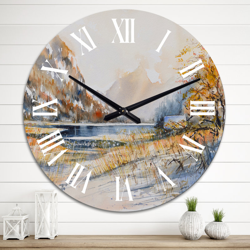 Paysage d'hiver avec lac de montagne - Horloge murale traditionnelle, Moyen