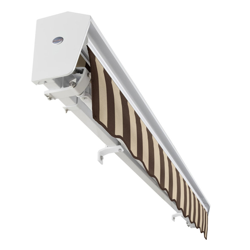 Auvent de patio rétractable avec capuchon Awntech Destin, Rayures brun / brun clair, l 12 pi x P 10 pi, Moteur droit