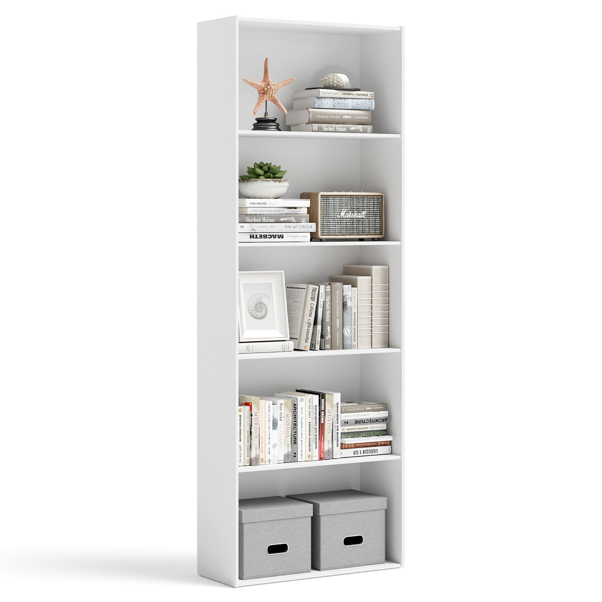 Namiko Bookshelves and Bookcases Floor Standing 6 Tier Display Storage Shelves 71in Tall Bookcase Home Decor Ebern Designs Color: White