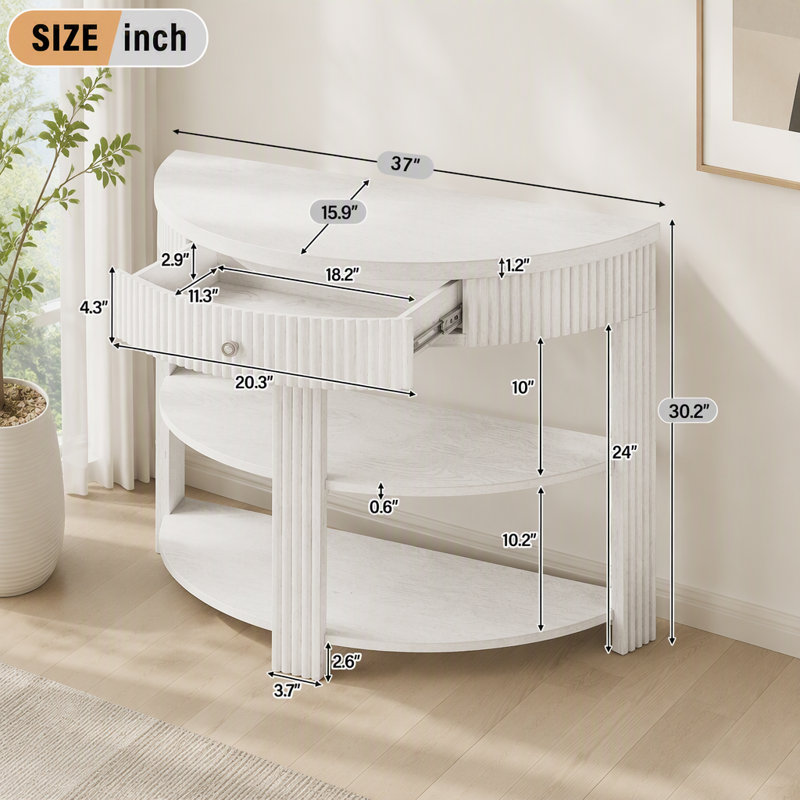 Console cannelée demi-lune avec tiroir et tablettes, Crème