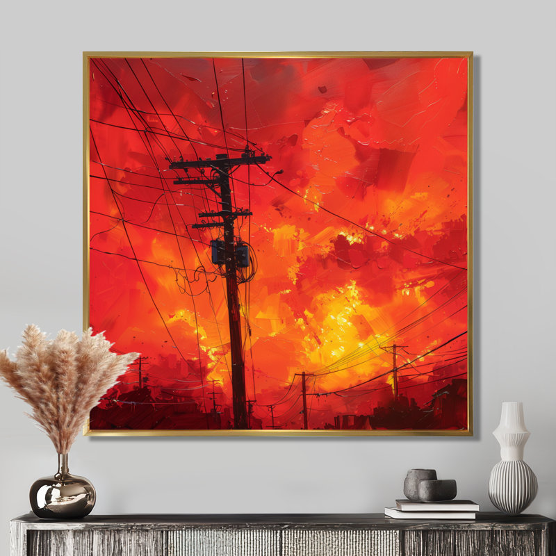 Red Yellow Voltage Vibes Power Lines II - Power Lines, impression d'art mural, Cadre flottant doré, H 36 po x l 36 po