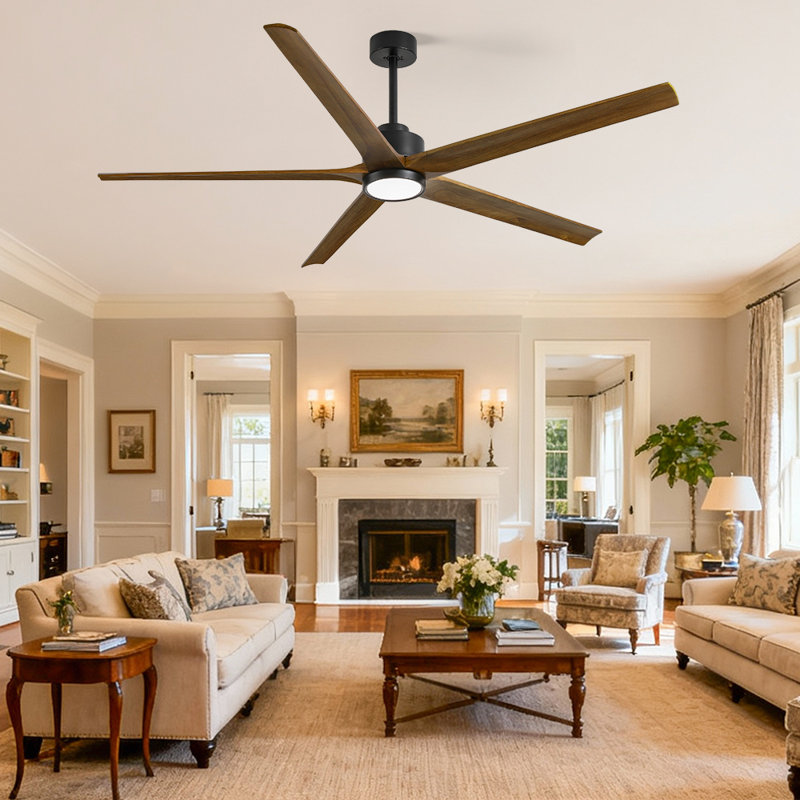 5 Blade Solid Wood Ceiling Fan With Light, Black, 72", Walnut