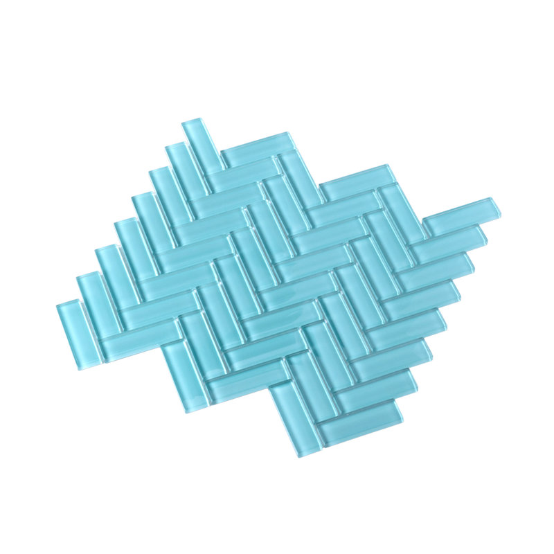 11"X 12.6" Herringbone Polished Glass Mosaic Tile, Light Blue