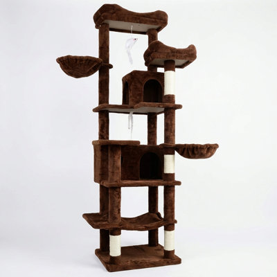 Arbre à chat de 68 po de hauteur à plusieurs niveaux avec hamacs, panier suspendu, grotte pour chat, coussin amovible, poteaux à griffer - tour de chat en peluche pour chats d'intérieur
