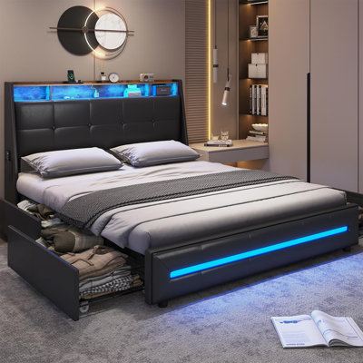 LED Upholstered Platform Bed Frame with 4 Storage Drawers and Storage Headboard